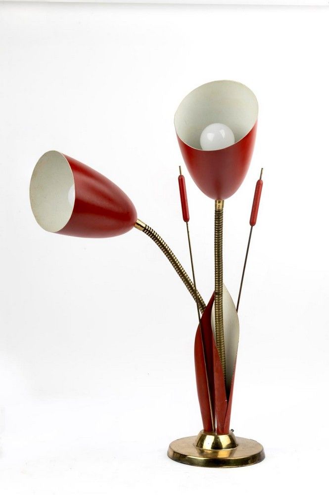 Mid-century American bullrush table lamp with coral painted metal ...