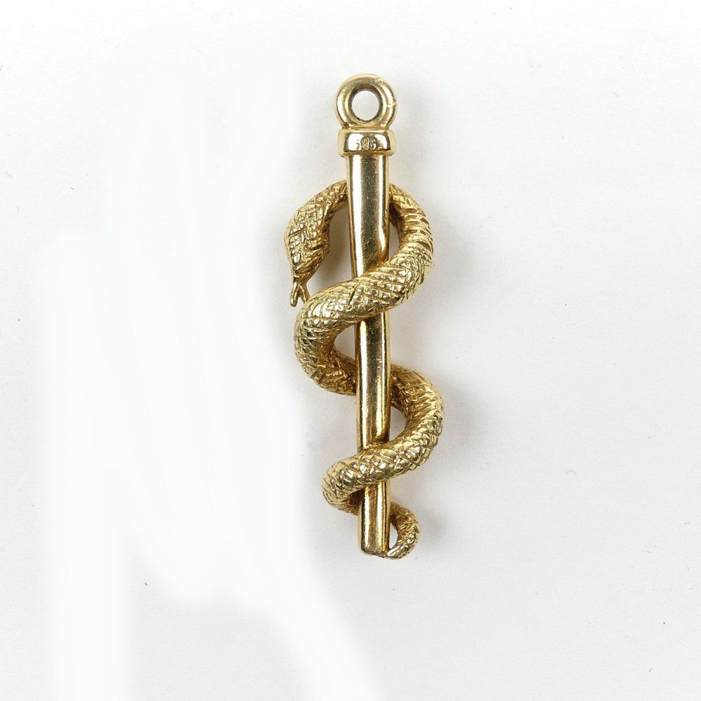 Ruby-eyed Snake Staff Pendant in 14ct Gold - Pendants/Lockets - Jewellery