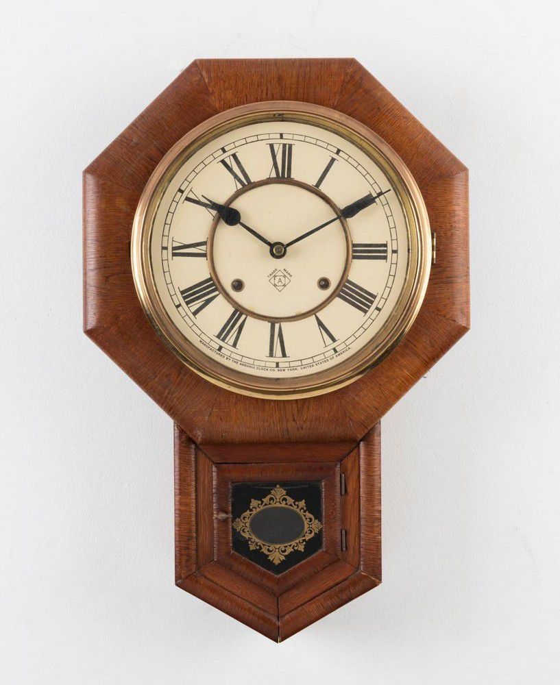 Ansonia American Oak Cased Drop Dial Wall Clock With 8 Day Time