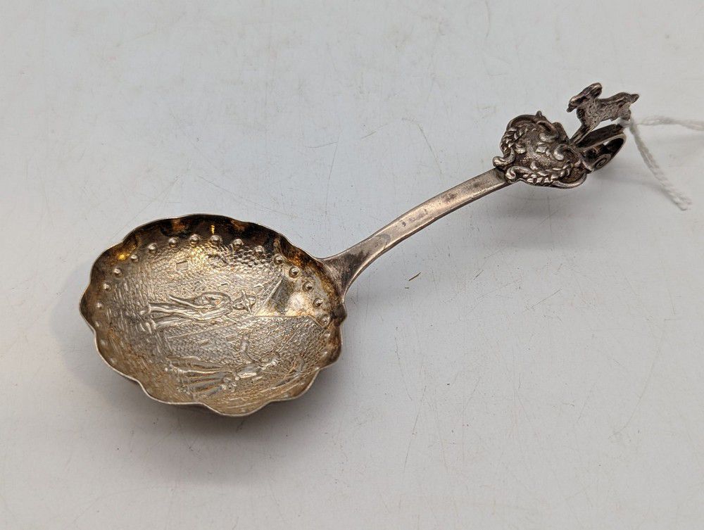Scottish silver spoon with Victoria scene and goat handle - Flatware ...