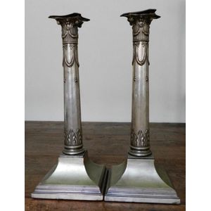 A pair Sheffield plate candlesticks, in the Adam style, English…