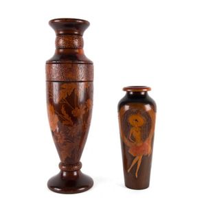 Two Australian pokerwork vases, circa 1925, 51 cm and 31 cm high