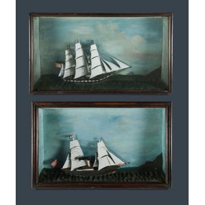 Pair of rustic ship diorama. Schooner at south head, steam…