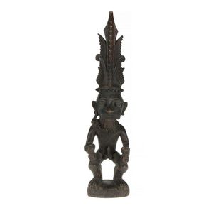 Adu Au Nias figure. Carved wood crouching male with headdress,…