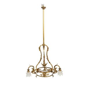 A Victorian four branch chandelier, with figural frosted glass…