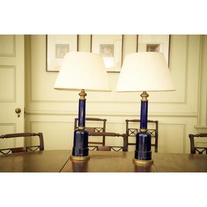 A pair of cobalt blue glass and brass lamps, by Vaughan London…