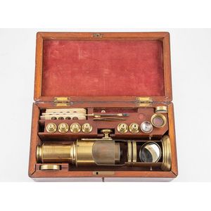 Victorian all brass field microscope, original mahogany cased,…
