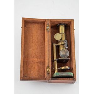 Victorian all brass field microscope, cased, reflective mirror…