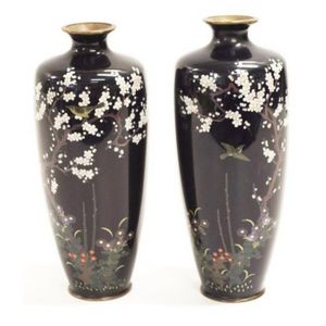 Pair of Japanese cloisonne vases with floral decoration on…