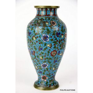 An antique cloisonne vase, the baluster brass vase with a…