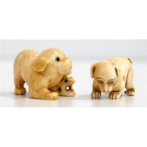 Japanese Ivory Netsuke: Playful Pups with Frog - Netsuke - Oriental