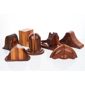 Various pairs of specimen wood book ends, seven pairs, of mixed…