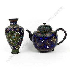 A cloisonne tea pot and vase, each decorated with butterflies…