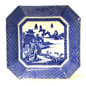 Japanese blue and white serving platter with oriental scene. 28…