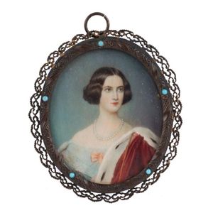 An antique miniature hand-painted portrait of a Royal lady in a…