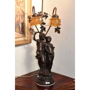 Large French style bronzed lamp depicting two lovers with…