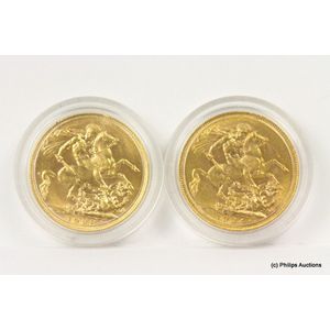 Two gold sovereigns, both 22ct yellow gold, one dated 1928 with…
