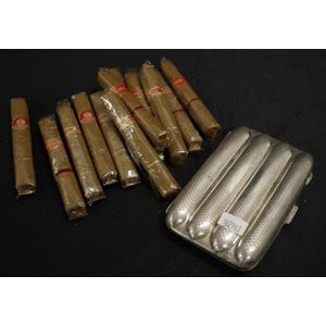 Vintage silver plate cigar case & twelve cigars comprising 6…
