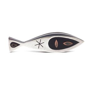 Modernist mixed metal and Lucite fish brooch with sterling…