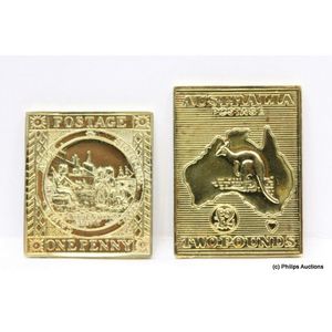 A boxed set of two Australian gold replica postage stamps. 18ct…