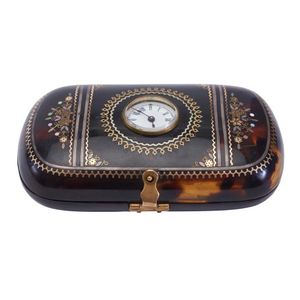 A French pique tortoiseshell purse inset with timepiece, 19th…