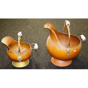 Two vintage copper coal scuttles with blue & white porcelain…
