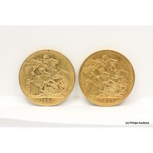 Two gold full sovereigns dated 1896 and 1895. 22ct yellow gold,…
