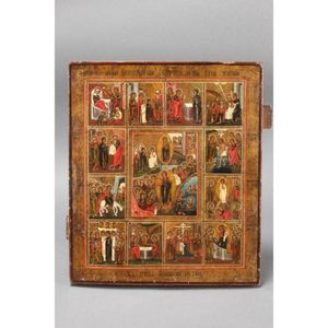 19th century Russian icon, of curved rectangular form, finely…