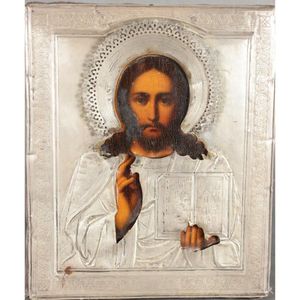 19th century Russian icon and silver oklad, of rectangular form…