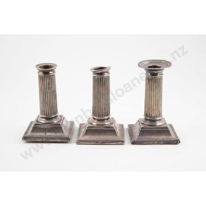 Set of 3 Victorian sterling silver column candlesticks, fluted…