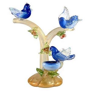 A Murano glass sculpture of three bluebirds in gold aventurine…