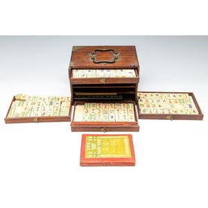 Antique Chinese Brass-Mounted Red Lacquer Mahjong Set with Jade