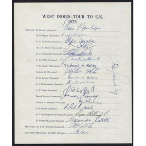 1973 West Indies Tour to U.K., official team sheet with 19&hellip;