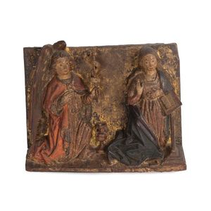A Flemish carved polychrome wooden panel of the Angel of the…