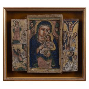 An Ethiopian Coptic Christian triptych icon of Mary and Jesus,…
