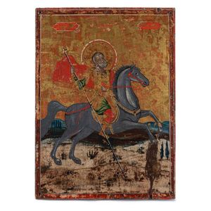 A Syrian icon of Saint Menas on horseback, hand-painted on…