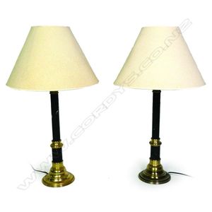 A pair of brass and marble table lamps, brass base with black…