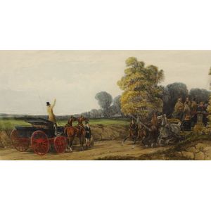 Aquatint in birds eye maple frame, in time for the coach, 41 cm…