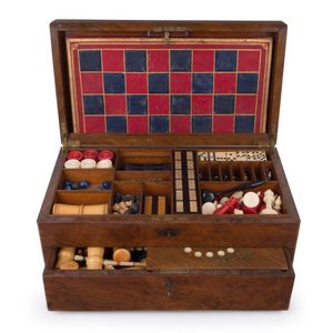 A superb antique walnut games box compendium, interior fitted…