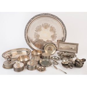 Silver and silver plated ware including circular tray, coasters,…