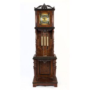 An antique walnut grandfather clock case with 1855 Paris…