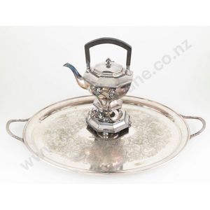 Art Deco silverplate spirit kettle & two handled oval drinks…