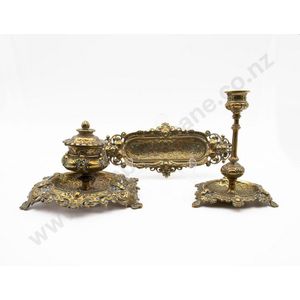 Victorian cast brass 3 piece desk set, comprising, inkstand,…
