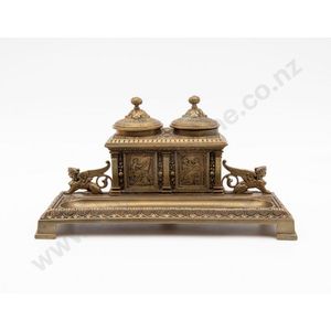 Victorian cast brass desk stand, ornately cast with twin hinged…