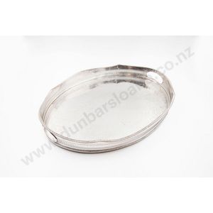 Modern oval silverplate drinks tray, with open handles, the…