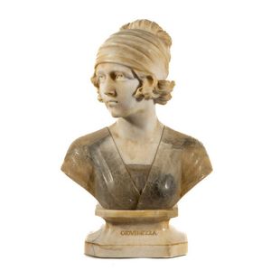 An alabaster bust of a woman marked 'Giovinezza' with…