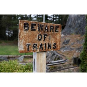Trackside sign 'Beware of Trains', cast iron, mounted on a wood…