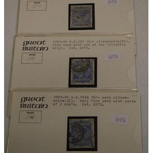 Three GB 1884 Queen Victoria 10 shilling stamps ultramarine