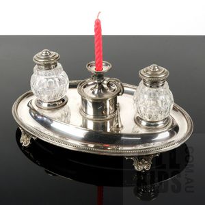 Victorian silver plate and cut glass standish with chamberstick…