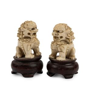 Antique Chinese Ivory Foo Dogs on Stands - Ivory - Oriental